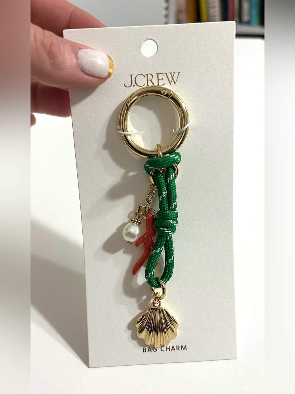 NWT J. Crew Sea Treasure Seashell with Green Knot and Pearl Bag Charm